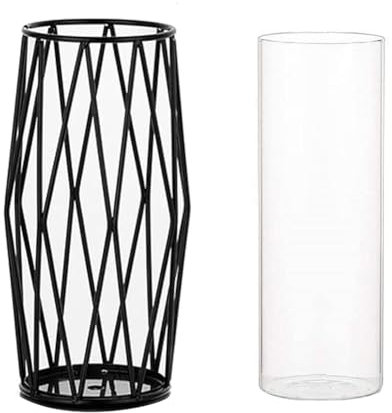 Glass Vase with Geometric Metal Stand - Stylish Modern Flower Vase for Pampas Grass & Flowers, Ideal for Living Room, Dining Table, Wedding Centerpieces, and Home Decorations - Black, 28 cm