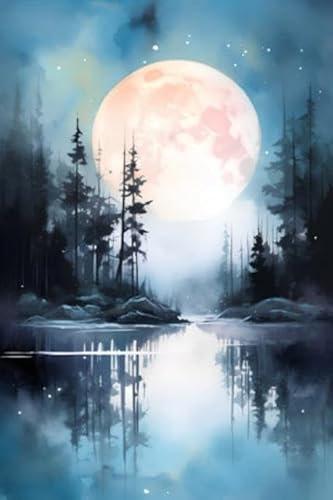 adrium Acryl-Bild 70 x 110 cm: Landschaft aus Waldsee und Vollmond. Digitale Kunstmalerei. (207517490)