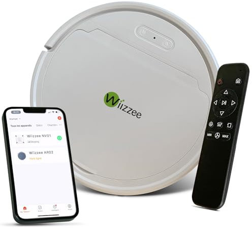 Wiizzee Aspirapolvere Robot AR02, Sottile Silenziatore Collegato WiFi con Tuya, 5 Modalità di Pulizia, Auto-Carica, 90 min di Autonomia, Tutti i pavimenti Liscio, Sistema di Navigazione giroscopica