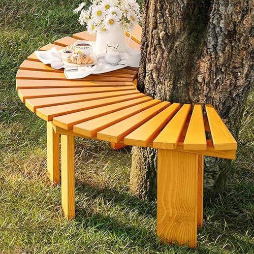 MAYFABD Terrasse Gartenbank Parkbank Halbrunde Baumbank aus Teakholz Rückenfreie Bank Runde Holz Terrassen Wickelsitz Retro Hinterhof Parkmöbel Outdoor Kollektion,C,120x40x42cm