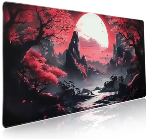 Black Red Japanese Gaming Mouse Pad XXL Moon Sakura Cherry Blossom Extended Big Large Desk Mat Non-Slip Rubber Base Stitched Edge Long Keyboard Mousepad for PC Computer Laptop,35.4×15.7 in
