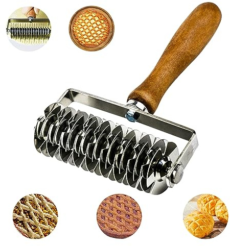Rodillo de masa de enrejado, rodillo de masa de malla de acero inoxidable, rodillo de masa de pizza, cortador de masa de enrejado con mango de madera, cortador de masa de enrejado para pizza
