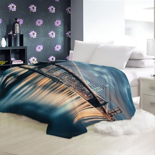 Decke 200 x 200 cm Kuscheldecken Sanft Flanell Weich Fleecedecke Foto Einer Brücke bei Nacht Bedruckte Decke für das Schlafzimmer Unschlagbar Weich Und Gemütlich Blau