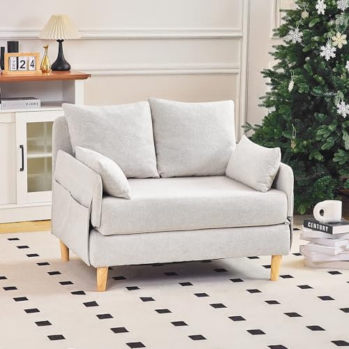Roomark Convertible Sofabett,Leinen Stoff Schlafsofa Couch,2-Sitzer Schlafsofa Ausziehbett mit 4 Kissen,Klappsofa mit Schlaffunktion für kleinen Raum (Beige)