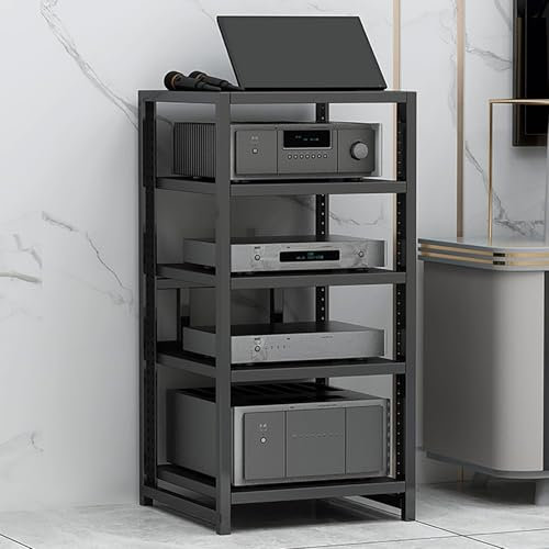 AV-Medienständerschrank, Audio-Rack mit verstellbarem Regal, multifunktionales Ausstellungsregal, offenes Lagerregal, stabiler Stahlrahmen, Entertainment-Medienregal (schwarz, 5 Ebenen, 50 x 40 x 80