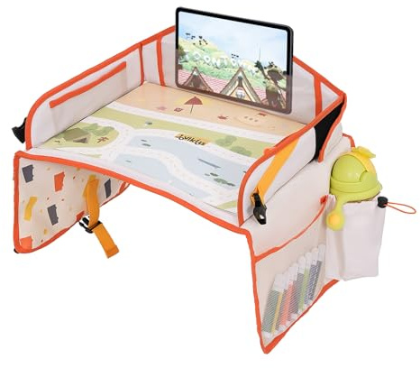 Jovikids Auto Reisetisch Faltbar, Knietablett mit Zeichenfläche, Tablet-Halterung, 7 Aufbewahrungstaschen, Reise Organizer für Auto Flugzeug und unterwegs