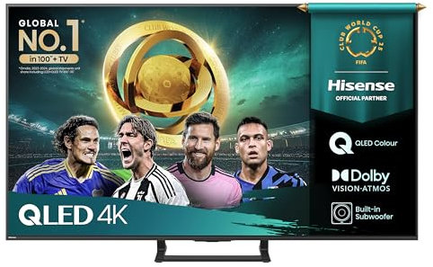 Hisense TV 65 QLED 4K 2025 65A72Q, Smart TV VIDAA U8, Dolby Vision, HDR 10+, Game Mode Plus, Dolby Atmos 2.1 con Subwoofer, Alexa Built-in, VIDAA Voice, Tuner DVB-T2/S2 HEVC 10, lativù 4K, 65''