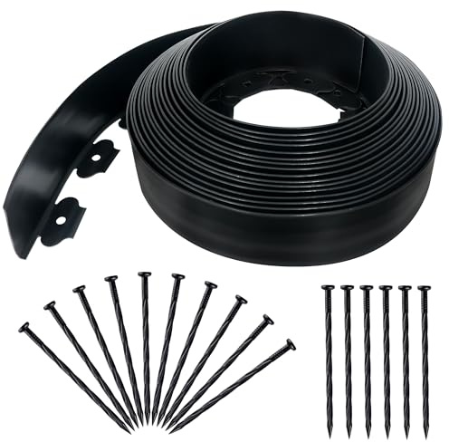 Quibbay 3.15 x 50' No Dig Landscape Edging, Plastic Garden Edging Borders with 75 Anchoring Spikes, Flexible Lawn Edging for Landscaping Garden Flower Beds Grass Yard Paver Pathway, Black