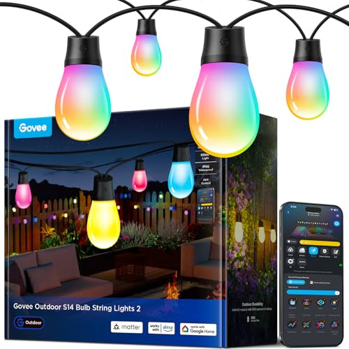Govee Lichterkette Außen 15M, RGBICW 65lm pro LED, App&WiFi Steuerung,IP66 | 16 Mio. DIY-Farben, 111+ Szenen, Musik Sync, Matter/Alexa/Google, Lebensdauer 25000h, Einf. Montage, Garten/Balkon/Terrasse
