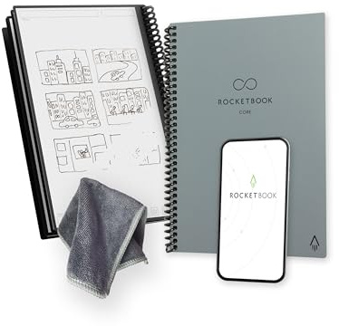 Rocketbook Core Cuaderno Espiral Reutilizable, Tamaño A5, 15 cm x 22,4 cm, Gris - Páginas de Puntos, Conexión a App, Borrable, Tapa Duradera, para el Colegio, el Trabajo y los Proyectos Creativos