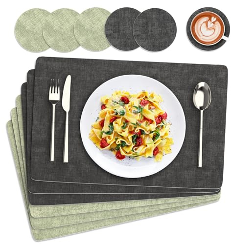 Euqvunn Manteles Individuales y Posavasos Juego de 6, Resistente al Calor, Antideslizante y Lavable [Doble Cara] salvamanteles Individuales de PU para Cocina Interior y Exterior (43×30cm-Gris Verde)