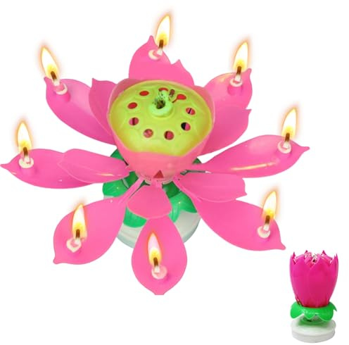 Musical Birthday Candle, Pink Rotating Lotus Candle for Cake, Lotus Flower Candle Plays Birthday Music for Birthdays Christmas Wedding
