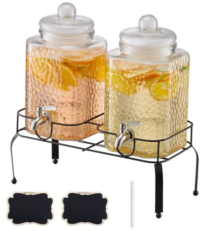 VEVOR Distributore di Bevande, 2 Pezzi da 5,5 L, Contenitore di Succhi in Vetro con Supporto in Metallo, Rubinetto in Acciaio Inox, Infusore, Distributore di Tè Freddo, Limonata, per Feste