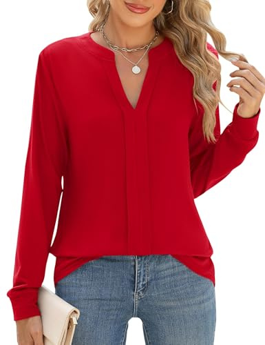 Cuptacc Magliette Donna Manica Lunga Scollo a V Top Donna Camicie Elegante Plissettata Blusa e Camicie Rosso, Small S 36