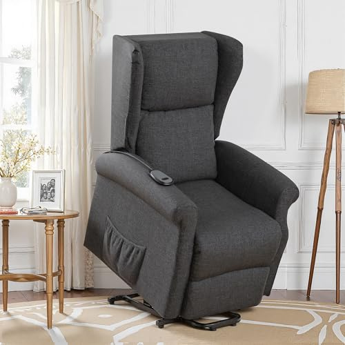BonVache Elektrischer Aufstehsessel, Fernsehsessel mit Aufstehhilfe, Relaxsessel mit Liegefunktion, Liegesessel für Senioren, mit Fernbedienung, Fußstütze, Sesselsofa, Dunkelgrau