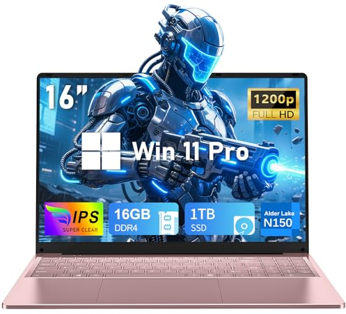 Computer portatile gaming, computer portatile 16 pollici, processore N150 (4C/4T, fino a 3,6 GHz), 16 GB RAM, SSD 1 TB, WiFi 5, BT4.2, 16 FHD 1920x1200 (16:10), tastiera retroilluminata, oro rosa