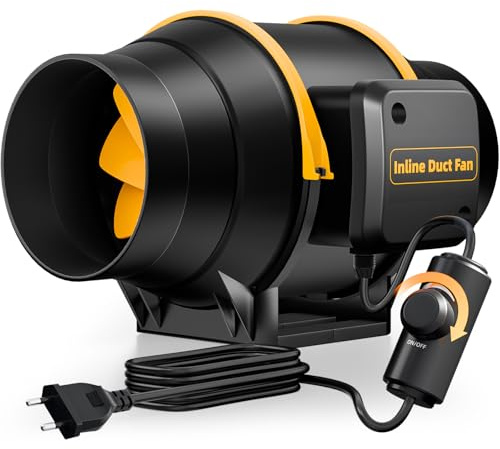QiCrafe Regelbarer Rohrventilator 100mm mit Drehzahlregler, leiser Inline Abluftventilator Belüftung mit Doppelkugellager-Motor und Überhitzungsschutz für Keller, Garage, EU-Stecker, 3 m Netzkabel