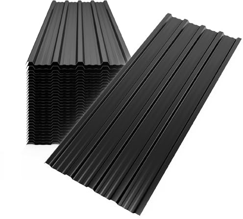 Mondeer 28pcs Roofing Sheets, Metal Corrugated Roofing Sheets Covers 14m², 110 x 46 cm, Galvanised Steel Trapezoidal Grooved Roof for Garage Carport Shed Greenhouse Kennels Panels, Black