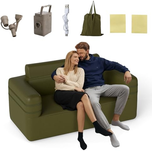 GOPLUS Uppblåsbar soffa, uppblåsbar soffa, 2-sitsig med integrerad luftpump, luftsoffa med 3 munstycken och väska, bärbar campingstol för inomhus- och utomhusbruk, kan belastas upp till 300 kg (169 x