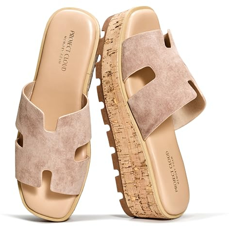 Project Cloud 100% Genuine Leather Wedge Platform Sandals Women Footwear - Memory Foam Insole and Non-Slip Platform Slides for Women - Lightweight Womens Sandals (MILA,SANSUE,6M)