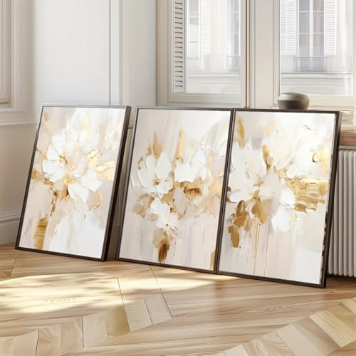 KEMEIQI 3-teiliges Set neutraler abstrakter floraler Leinwanddrucke, Poster in Beige und Gold mit Texturen, Kunstdrucke für Schlafzimmer und Wohnbereich (70 x 100 cm x 3/rahmenlos)