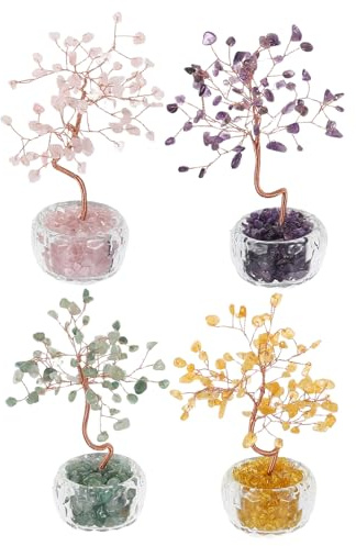 TOYZFRIENDY Árbol Abundancia de Cristal Colorido 4 Piezas Bonsái del Dinero Piedras Naturales Cuarzo Amarillo Cuarzo Rosa Aventurina Verde Amatista Decoración de Escritorio para