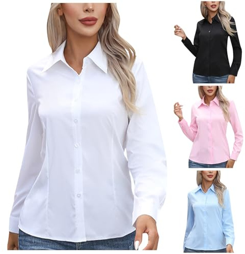 Weiße Bluse Damen,Bügelfrei Button-Down Shirts Langarm Kragen Tops Regular fit Oberhemden Frauen Unifarben Stretch Freizeithemden Businesshemd Anzug Hemd Klassische Langarm Kragen Tops