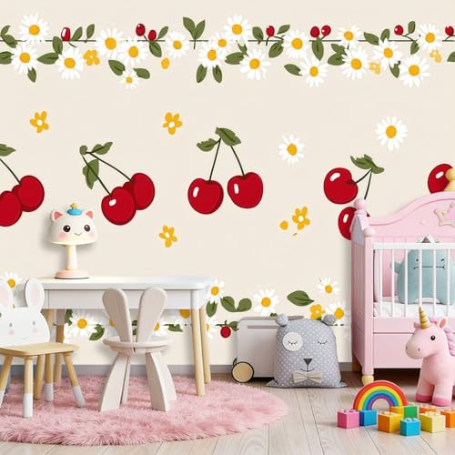 Cachi Carta da parati murale, Fumetto Frutta Fiore Ciliegia Carta da parati per soggiorno camera da letto, murale decorativa non tessuto per sala da pranzo corridoio 200 x 140 cm