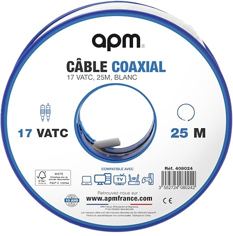 APM Bobina Cavo coassiale 17 VATC, 25 m, schermatura di alta qualità, colore bianco, compatibile TV, satellitare, TNT, Parabola, Frequenze HF/VHF/UHF 408024