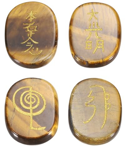QUARKZMAN 4 Piezas De Piedras De Chakra Grabadas Con Símbolos Reiki | Cristales De Sanación Reiki De Ojo De Gato Piedras Preciosas, 7 Piedras De Cristal De Chakra, Piedras Palmeadas Pulidas