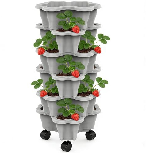 6 Niveles Macetero Apilable Para Fresas - Macetas Verticales Apilables Con Ruedas, Resistentes A La Intemperie Para Hierbas, Verduras, Flores Y Fresas, Tanto Para Interiores Como Para Exteriores