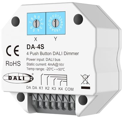 Dimmer DALI 4 Pulsanti DA-4S, Master Per 4 Indirizzi, Controllo Push Button Scene Gruppi, Unicast e Broadcast, Alimentazione da Bus 4mA@16V, Compatto 52X52X27mm Da Scatola Incasso