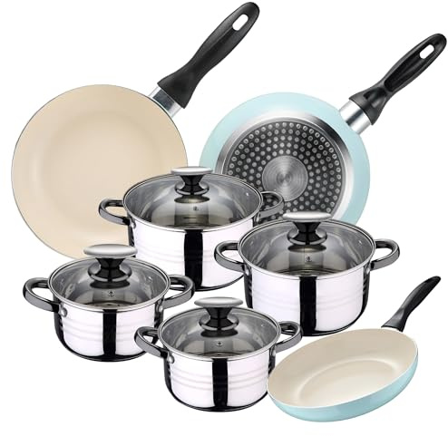 Batería de Cocina 4 cacerolas (1,9L + 2,7L + 3,5L + 5,1L) con 4 Tapas de Vidrio y 3 sartenes Ø16Ø20Ø24 en Acero Inoxidable apta para inducción
