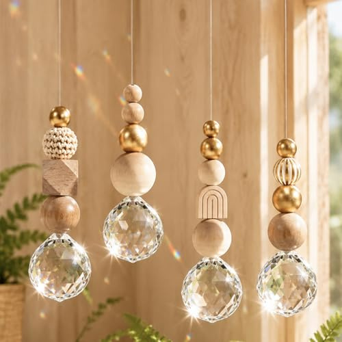Sonnenfänger Kristall, 4 Stück Kristall Sonnenfänger Fenster | 30mm Suncatcher mit Holzperlen & Kristallkugel, Sanftes Regenbogenlicht, Natürliche Fensterdeko, Garten Deko