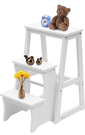 Silla Plegable Tipo Escalera de Biblioteca, Taburete de 3 peldaños, Escalera de Madera Multifuncional, Ligera y portátil para el hogar, cocinas y garajes (Blanca).
