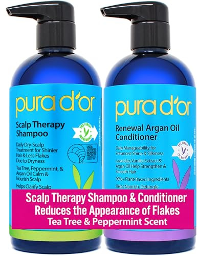 PURA D'OR Scalp Therapy Shampoo & Conditioner Set (16oz x 2) Dry, Itchy Scalp-Hydrates & Nourishes Hair w/Tea Tree, Peppermint, Argan Oil & Biotin, All Hair Type, Men Women (Packaging Varies)
