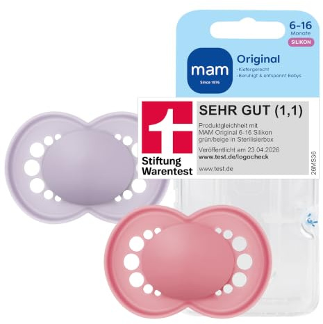 MAM Original Schnuller, 6-16 Monate, 2er-Set, lila/pink | Zahnfreundliches Design, Stillfreundlicher SkinSoft Silikon-Sauger, Hautfreundlich mit Luftlöchern, Sterilisierbox