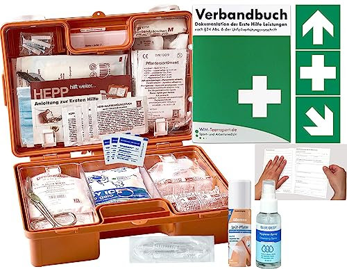 Verbandskoffer/Verbandskasten (K) Typ CS - aktuelle DIN 13157 (Betriebe) INKL. 90° ARR. -Paket 1- Erste Hilfe INKL. + VERBANDBUCH -DSGVO-konform + Hygiene-Gel + Sprühpflaster + Aufkleber