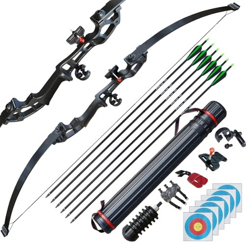 D&Q Pfeil und Bogen Set Bogenschießen für Erwachsene Recurve Bogen rechte Hand 50 Zoll 40 Pfund mit 6 Stück Gemischter Carbonpfeil (Schwarz, 40 Pfund)