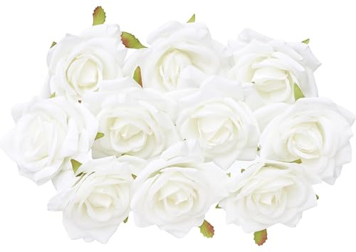 The Baked Studio - 10 Pieces Artificial Flower Silk Rose Head Realistic Flowers for DIY Wreath Craft Cake Living Room Home Wedding Accessories and Decoration (White)