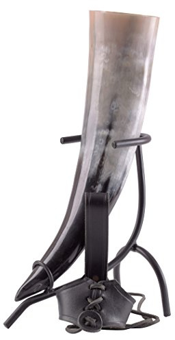 Battle-Merchant Trinkhorn Set 3-teilig mit Trinkhornhalter aus Leder und Trinkhornständer aus handgeschmiedetem Stahl | Mittelalter Wikinger (750ml)