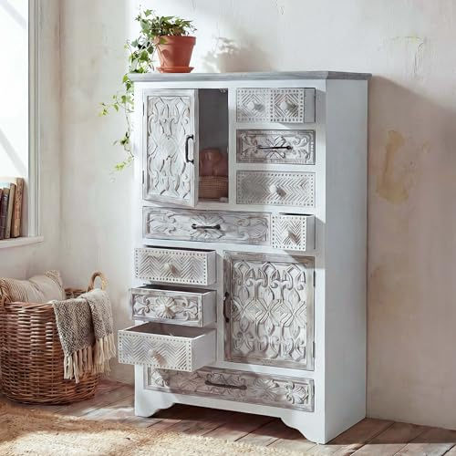 Mendler Apotheker Kommode HWC-J48, Schrank Schubladenkommode, Holz Schubladen, Shabby-Look Vintage 150x81x40cm, weiß-braun