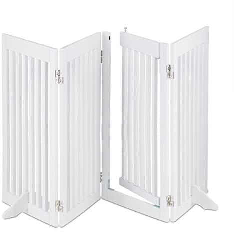 Relaxdays Absperrgitter, HxB: 92 x 206 cm, faltbar, mit Tür & Füßen, freistehendes Hunde Schutzgitter, Türgitter, weiß