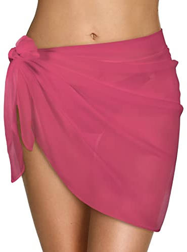 Xnova Women Beach Wrap Sarong Cover Ups Sexy Chiffon Ladies Beachwear Black Swimsuit Pareo Girls Short Skirt for Bikini Summer Holiday Solid Color Pleat(Rosa,One Size)
