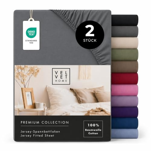 VelvetHome Doppelpack Spannbettlaken 90x200cm 100% gekämmte Baumwolle, Jersey Spannbetttuch für Matratzen bis 25 cm Höhe, Oeko-Tex Zertifiziert, bügelfrei, elastisch, atmungsaktiv, weich, Dunkelgrau