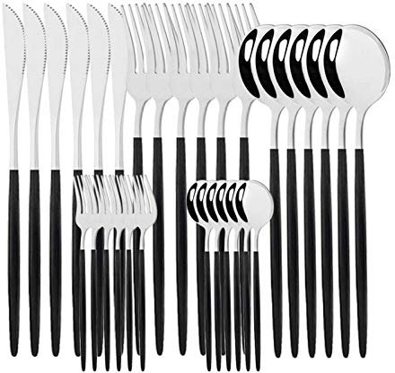 Geschirr Set 18/10 Edelstahl 30 stücke Grün Gold Besteck Set Geschirrmesser Salat Gabel Löffel Besteck Set Spülmaschine Safe essgeschirr (Color : Black Silver)