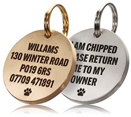 UKR Designs Premium Solid Brass & Stainless Steel Dog Tags – Chunky 3mm Thick – Deep Laser Engraved Double Sided Pet ID