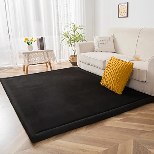 BYBYME Krabbelmatte Baby Korallen Samtmatte Kinderteppich - Extra Dicke 3cm und Weiche Spielmatte - als Teppich Kinderzimmer, Spielteppich Baby, Krabbeldecke (Pures Schwarz, 150x150cm)