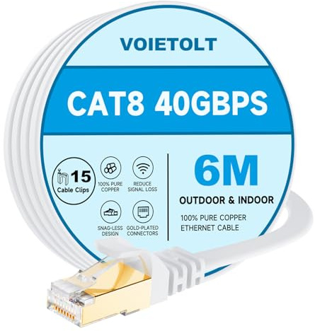 VOIETOLT Cat8 Lan Kabel 6M mit Clips, 40Gbps/2000MHz Flach Schirmung Hochgeschwindigkeit Netzwerkkabel, STP RJ45 Gigabit Cat-8 Ethernet Kabel für PS4/5, für Modem, für Router (weiß)