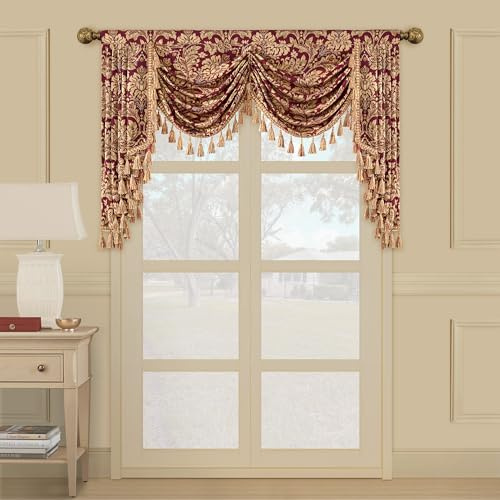TOPLUXE Swag Volant Vorhang für Schlafzimmer Esszimmer Wohnzimmer Küche, Damast Kurzstore Waterfall Volant-Vorhang für Fenster 1 Stück (150cm, Rot)